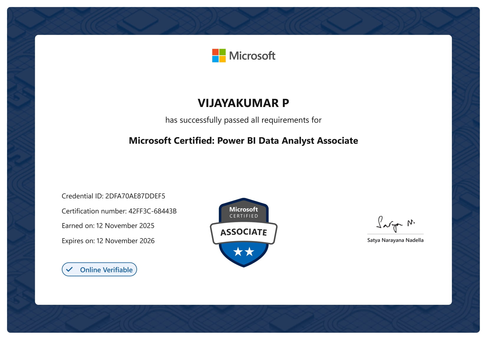 Microsoft Certified Power BI Data Analyst Associate — Vijayakumar P