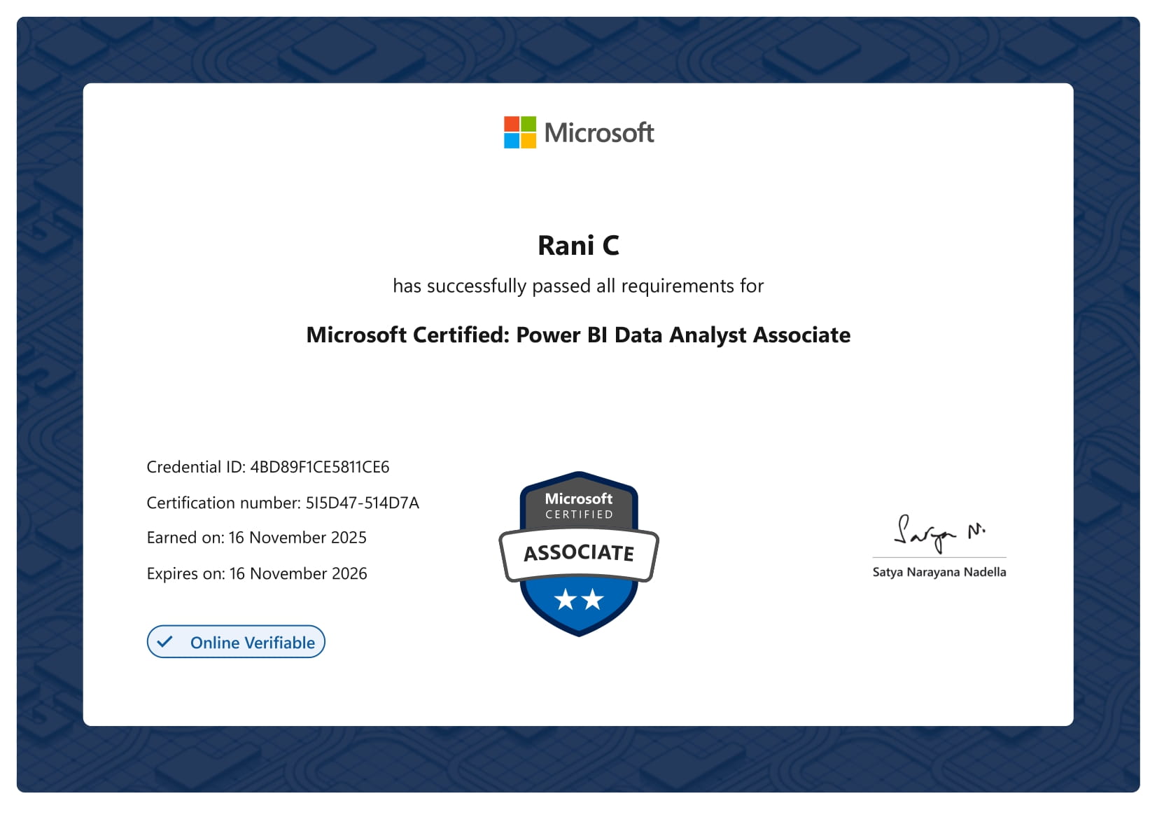 Microsoft Certified Power BI Data Analyst Associate — Rani C