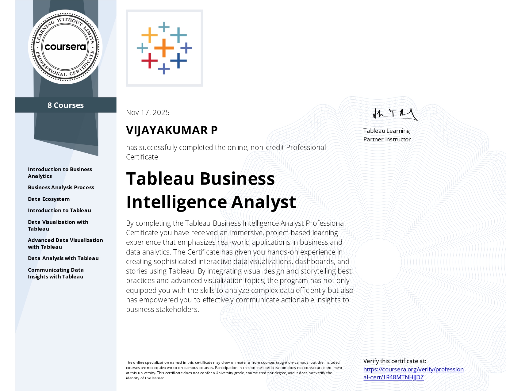 Tableau Business Intelligence Analyst — Vijayakumar P