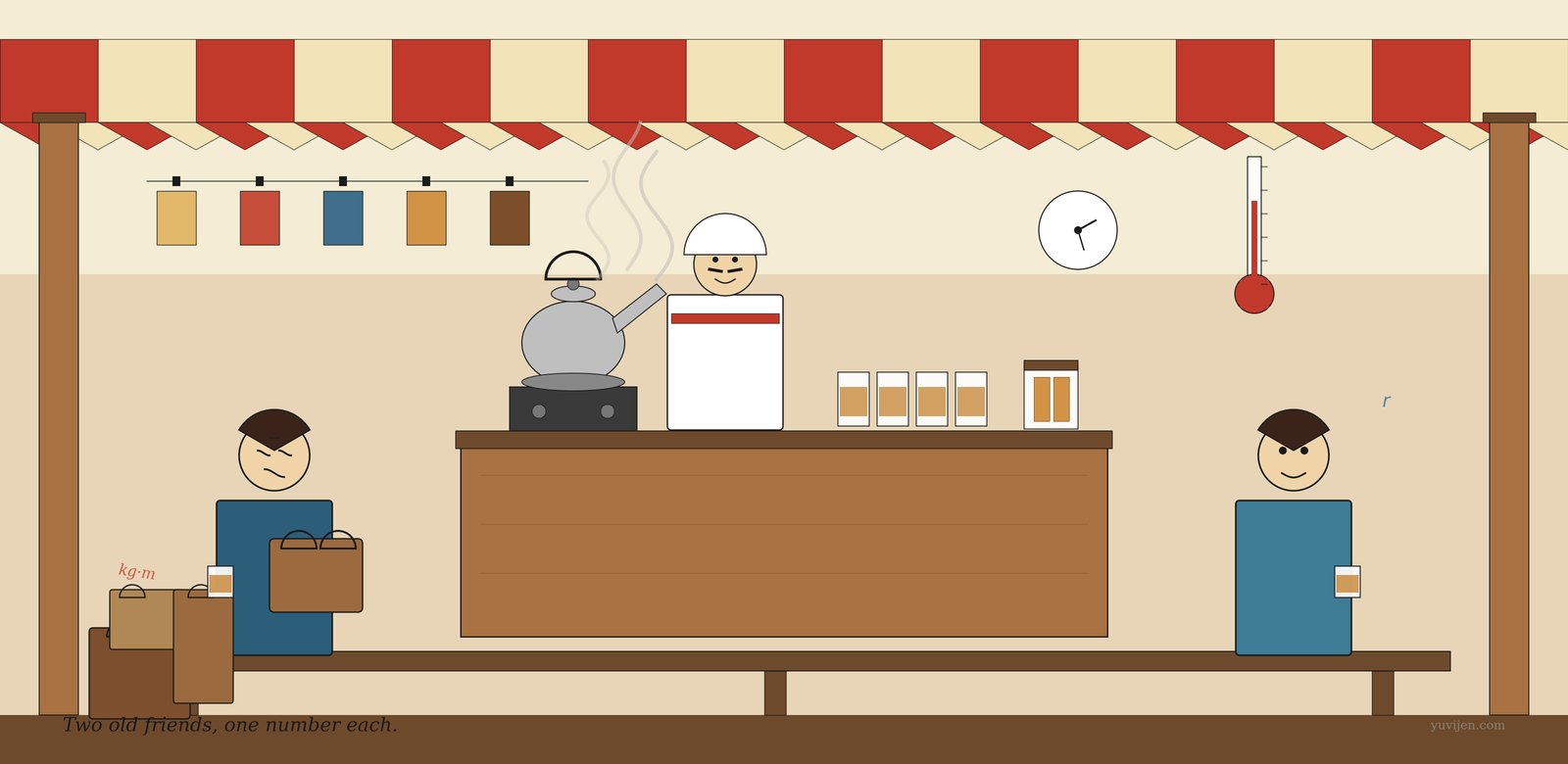 Stylised illustration of a roadside tea stall — two women on a long bench with cups of tea, one with shopping bags piled around her, the other calm and empty-handed; the tea stall owner pouring tea behind the counter.