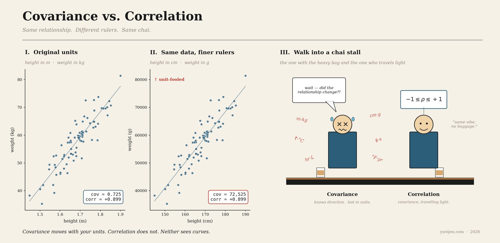 Three-panel chart: two scatter plots of the same data measured in different unit systems (covariance changes hugely, correlation stays the same), with a small cartoon of Covariance carrying her heavy bag and Correlation calm.