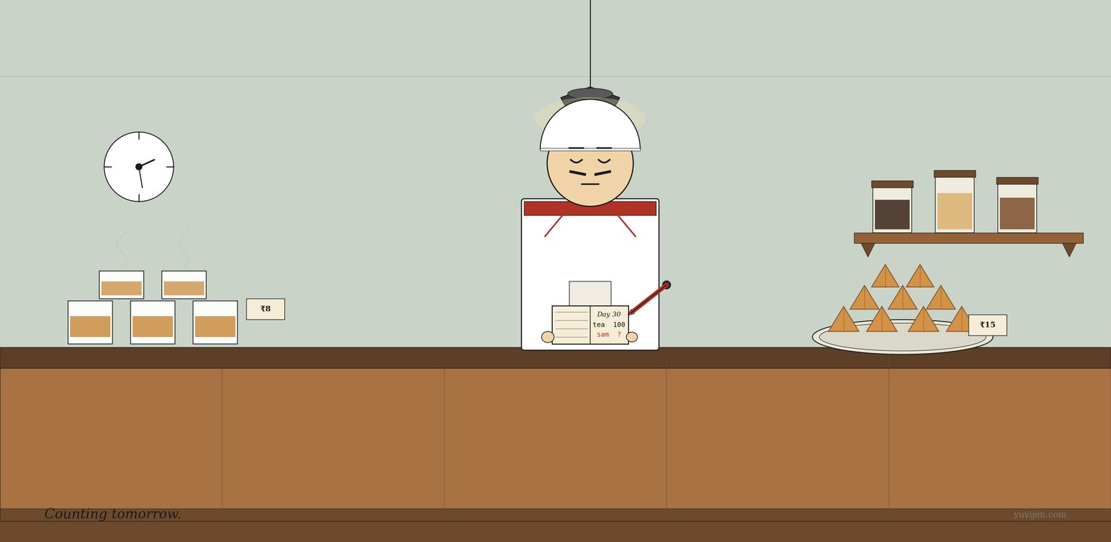 Stylised illustration of a tea stall owner standing behind his long wooden counter, holding an open notebook with a pen and quietly counting his inventory; a stack of tea glasses on the left of the counter, a plate piled with samosas on the right, a wall clock and a small jar shelf in the background.